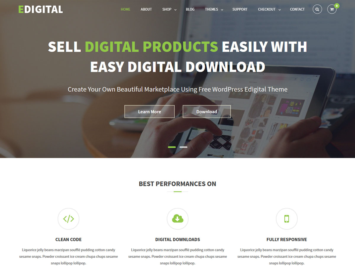 Edigital - это тема электронной коммерции, в основном разработанная для плагина Easy Digital Downloads, который также можно использовать для ведения бизнеса и ведения блогов